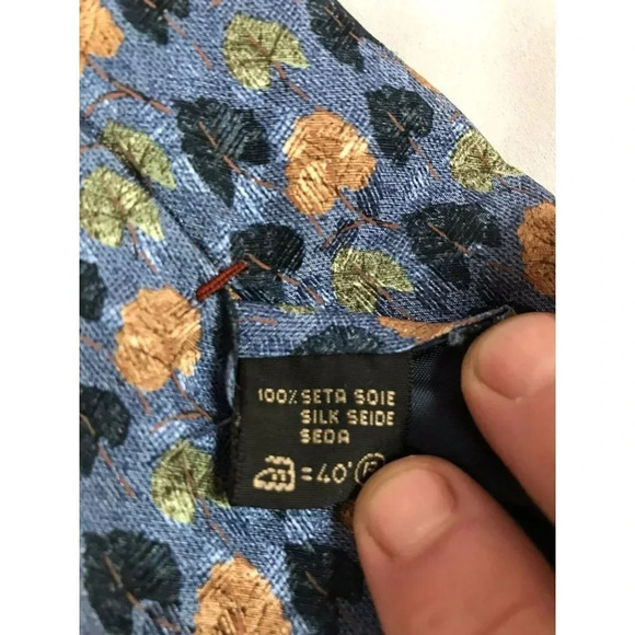 Ermenegildo Zegna Green Brown Tree Bush Leaves Blue 100% Silk Classic Neck Tie - Picture 7 of 7